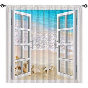 NEW ANHOPE Beach Blackout Curtains, Open Window Tropical Beach 2 panelS 42"x63"